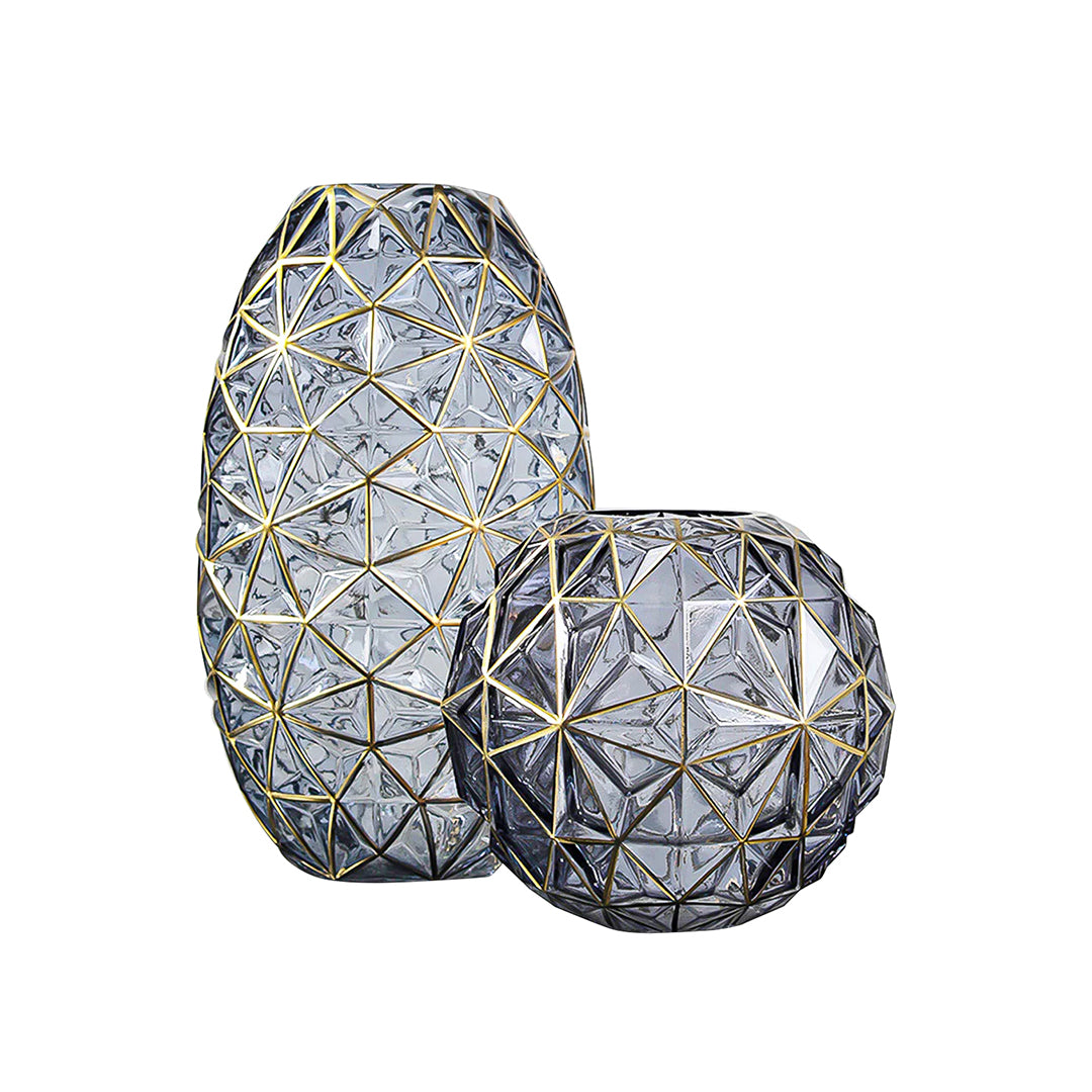 SOGA Grey Colored Diamond Cut Glass Flower Vase Round Jar Home Decor with Gold Accent