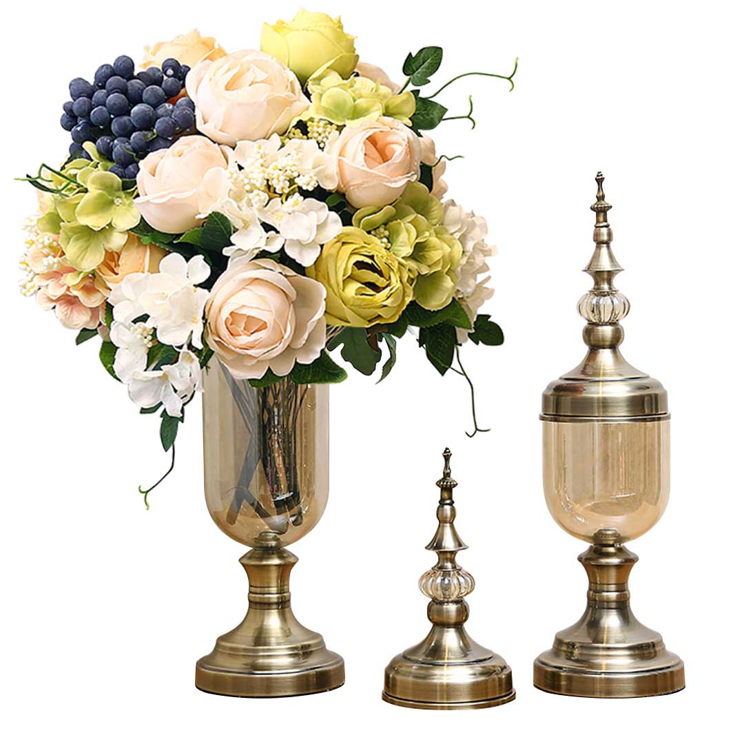 SOGA 2x Clear Glass Flower Vase with Lid and White Flower Filler Vase Bronze Set $ 177.90