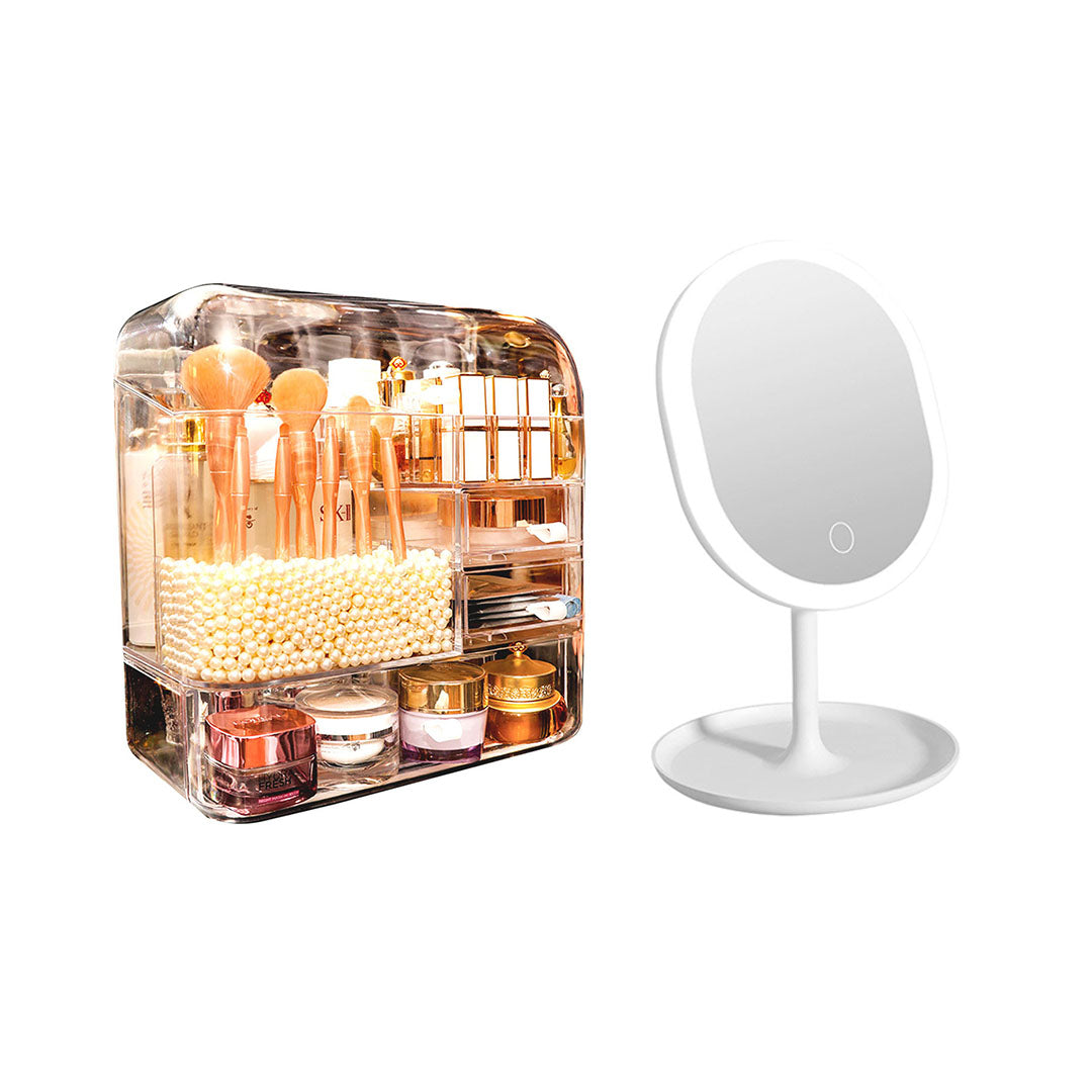 SOGA Transparent Cosmetic Storage with Pearls Skincare Holder and 20cm White Rechargeable LED Light Makeup Tabletop Mirror Set $ 120.90