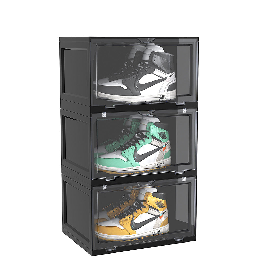 SOGA 3 Tier Black Portable Shoe Organiser Sneaker Footwear Folding Plastic Bin Stackable Storage Box with Magnetic Door $ 91.50