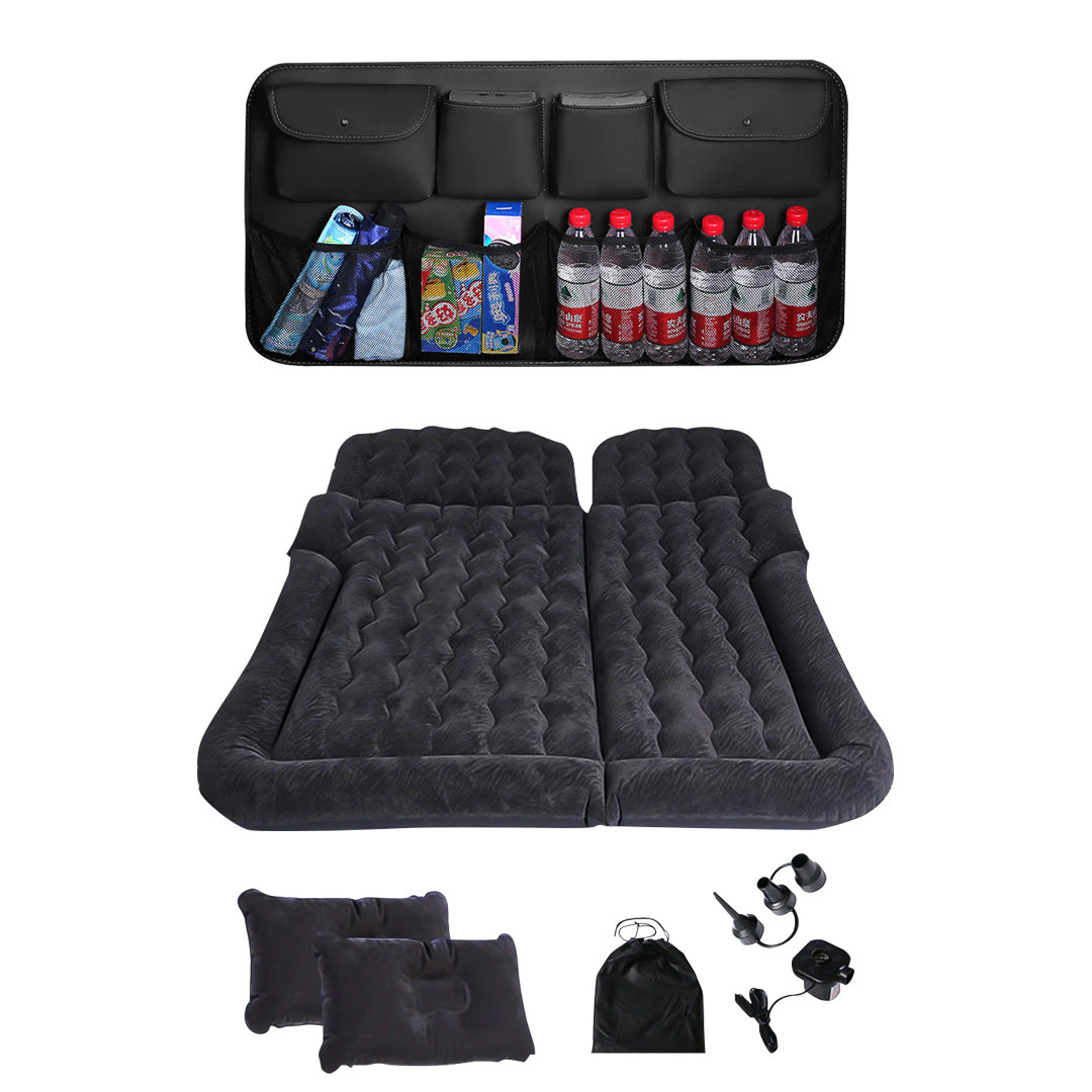 SOGA Car Bundle C – Black Leather Back Seat Storage Organizer & Inflatable Boot Mattress