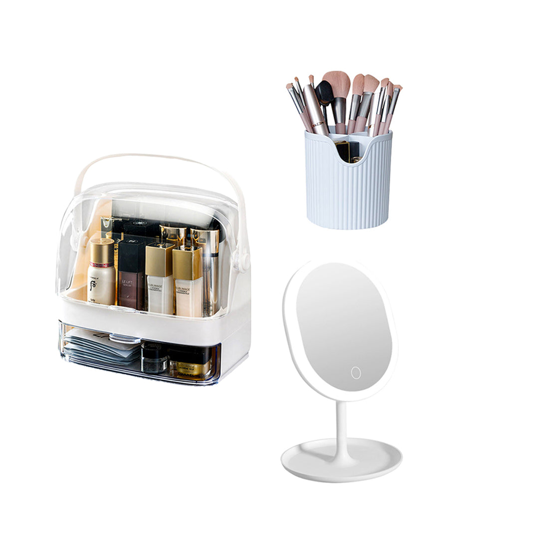 SOGA 2 Tier White Countertop Cosmetic Makeup Brush Lipstick Holder Organiser and 20cm Rechargeable LED Light Tabletop Mirror Set $ 171.50