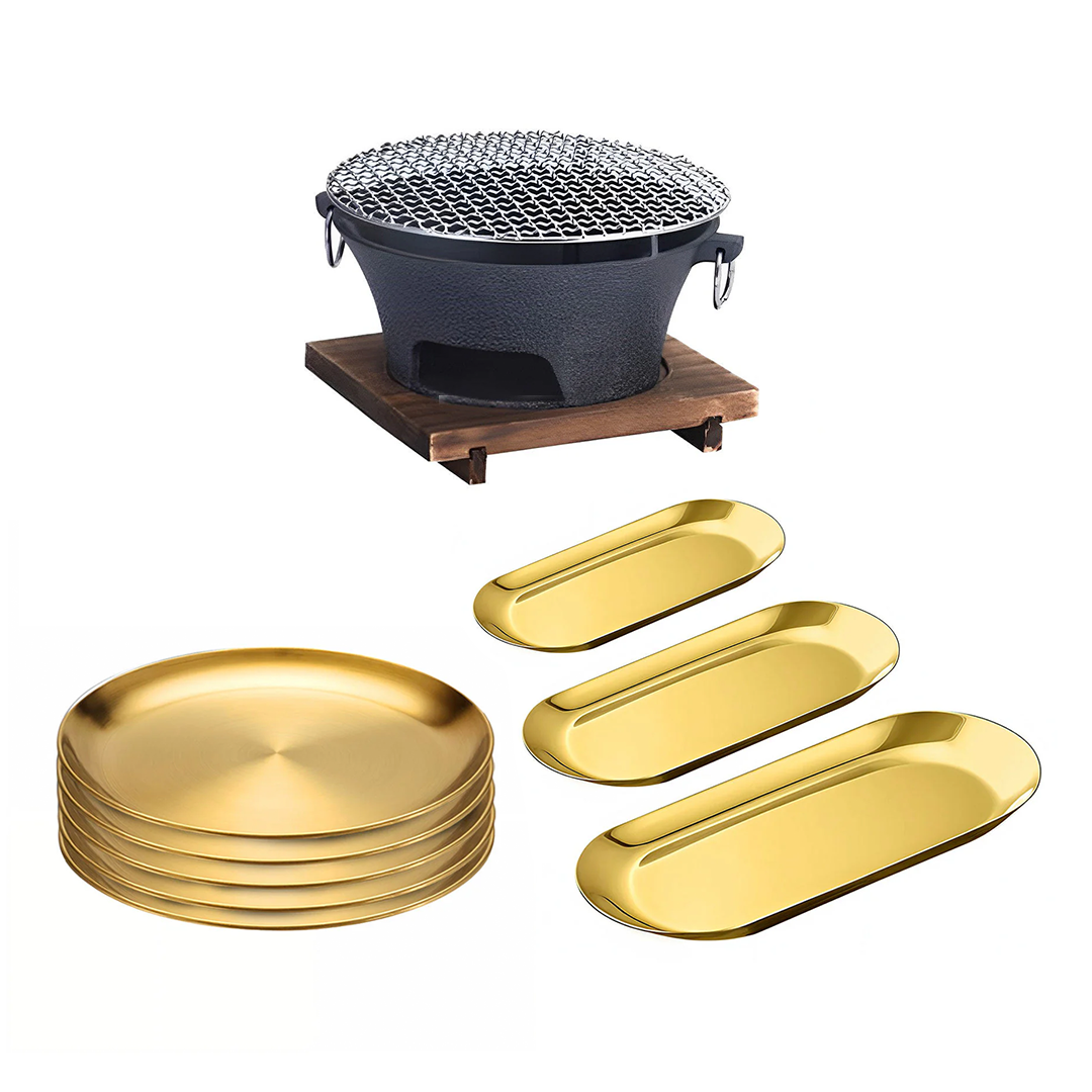 SOGA Kitchenware Bundle – Gold Nordic Plate Set, 23cm Grilling Plate & Cast Iron BBQ Grill $ 187