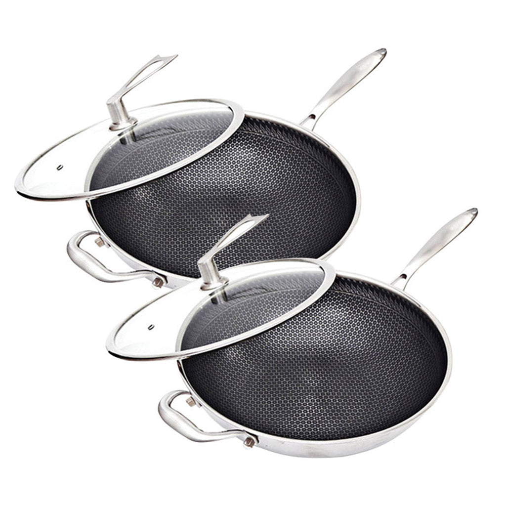 SOGA 2X 34cm Stainless Steel Tri-Ply Frying Cooking Fry Pan Textured Non Stick Skillet with Glass Lid and Helper Handle $ 323.50