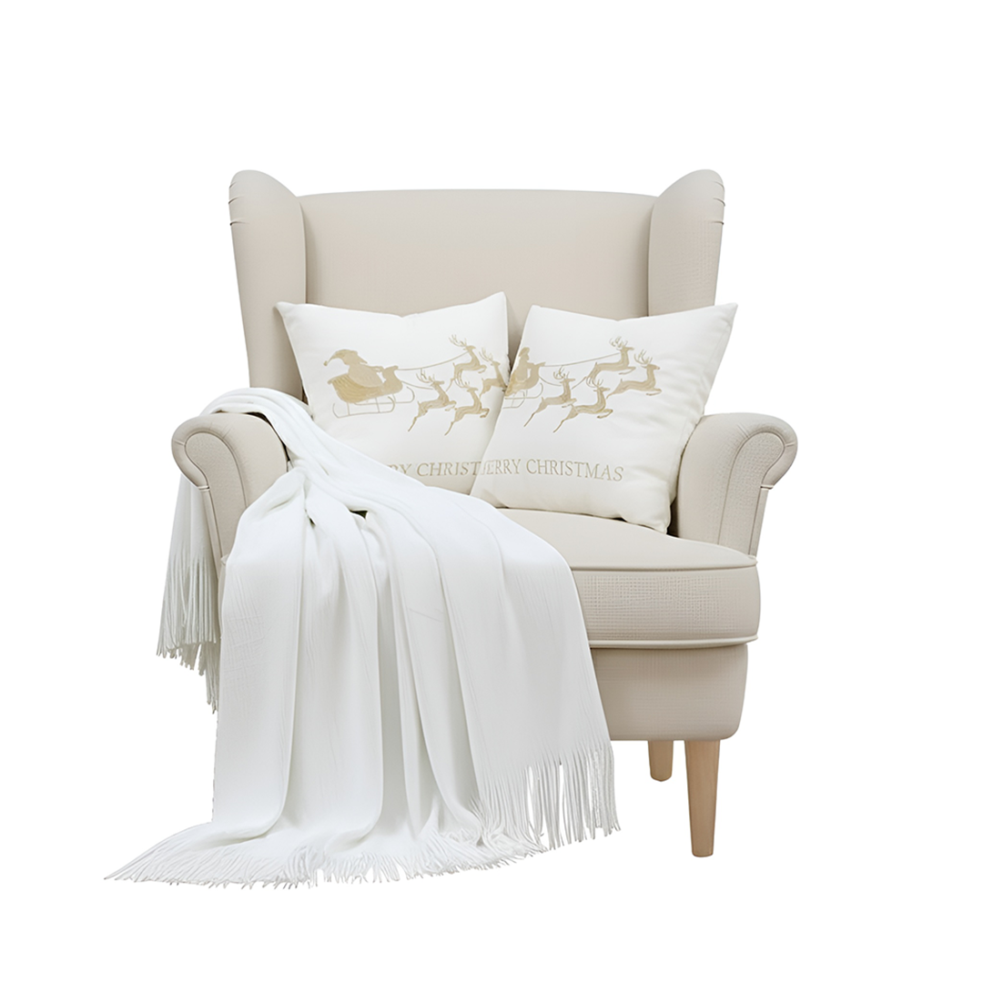 SOGA Christmas Bundle – 2 White & Gold Christmas Sleigh Pillow & White Knitted Throw Blanket $ 164