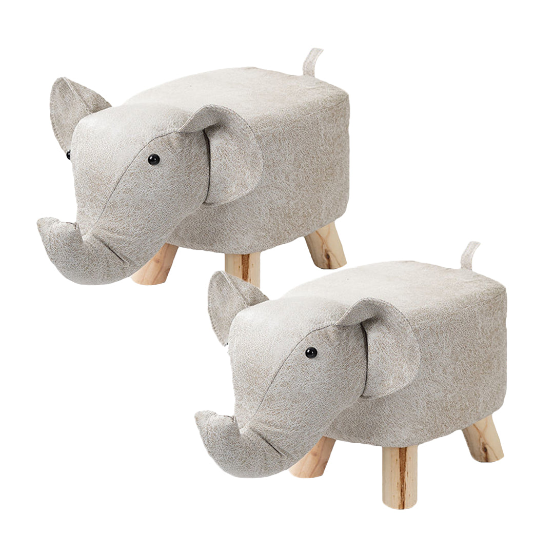 SOGA 2X Beige Gray Children Bench Elephant Character Round Ottoman Stool Soft Small Comfy Seat Home Decor