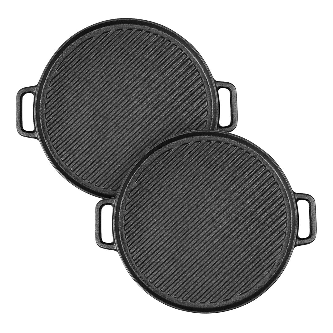 SOGA 2X 30cm Round Cast Iron Ribbed BBQ Pan Skillet Steak Sizzle Platter with Handle $ 122.90