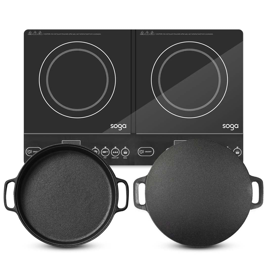 SOGA Dual Burners Cooktop Stove 30cm Cast Iron Skillet and 34cm Induction Crepe Pan Cookware $ 366.50
