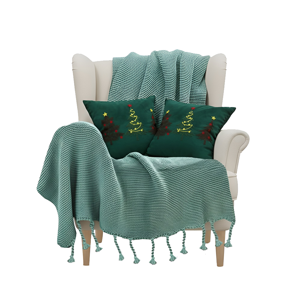 SOGA Christmas Bundle – 2 Green Embroidered Christmas Tree Pillow & Tassel Fringe Knitted Blanket $ 206
