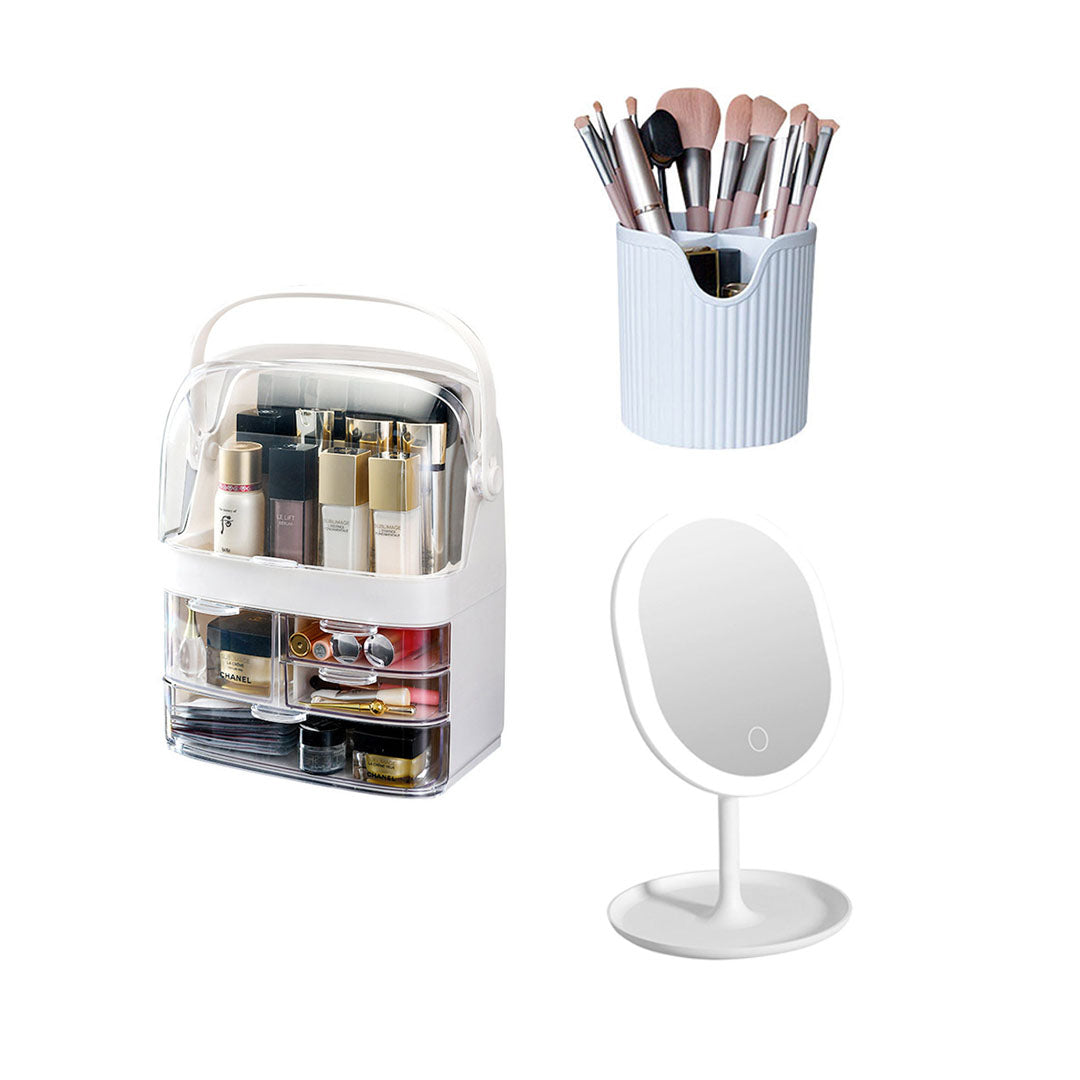 SOGA 3 Tier White Countertop Cosmetic Makeup Brush Lipstick Holder Organiser and 20cm Rechargeable LED Light Tabletop Mirror Set $ 185.50