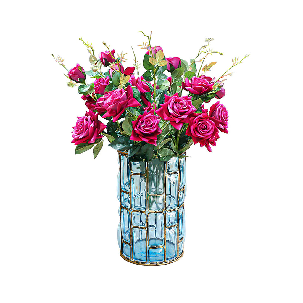 SOGA Blue Glass Cylinder Flower Vase with 8 Bunch 5 Heads Artificial Fake Silk Rose Home Decor Set