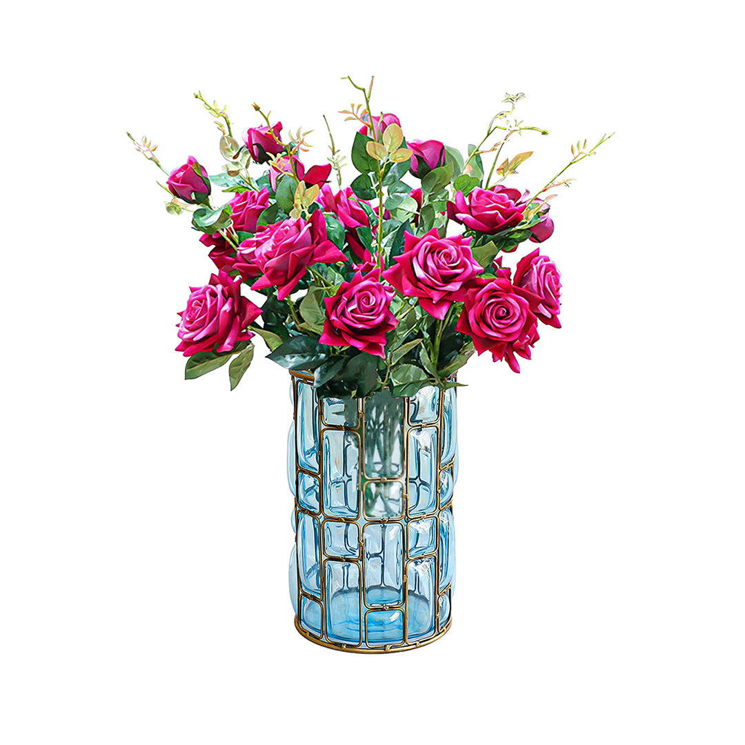 SOGA Blue Glass Cylinder Flower Vase with 8 Bunch 5 Heads Artificial Fake Silk Rose Home Decor Set