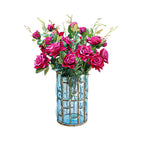 SOGA Blue Glass Cylinder Flower Vase with 8 Bunch 5 Heads Artificial Fake Silk Rose Home Decor Set