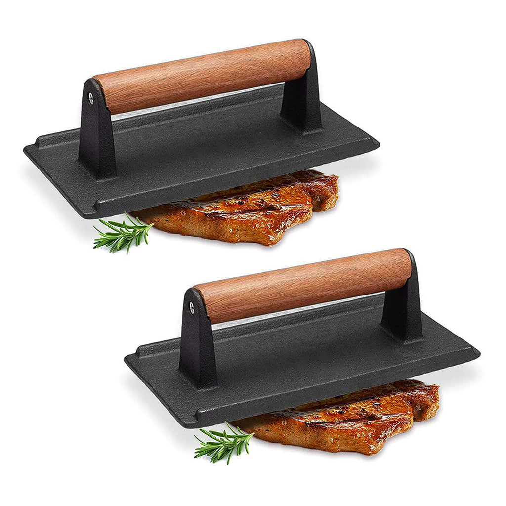 SOGA 2X Cast Iron Bacon Meat Steak Press Grill BBQ with Wood Handle Weight Plate $ 96.90