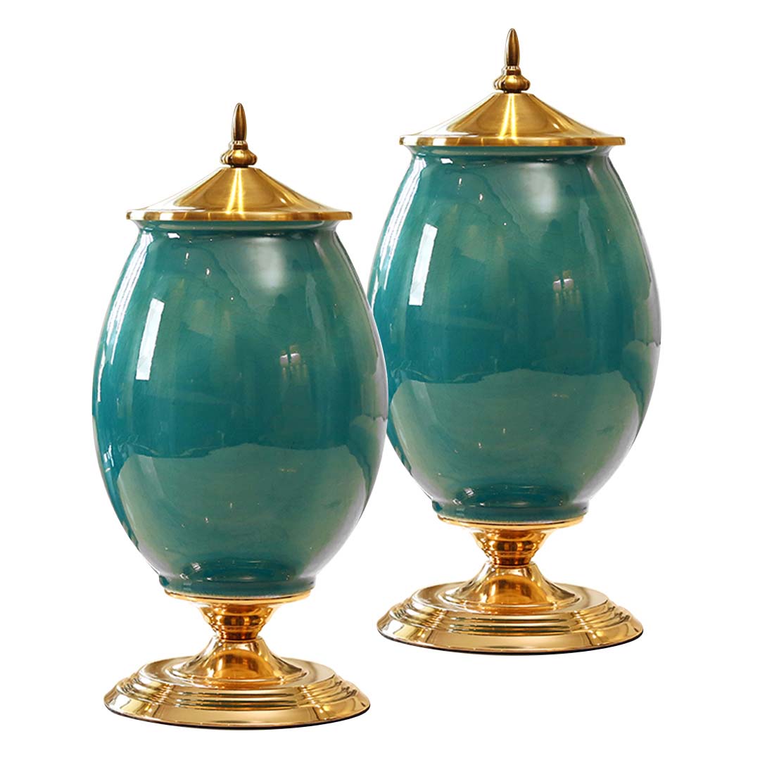 SOGA 2x 40cm Ceramic Oval Flower Vase with Gold Metal Base Green $ 360.90