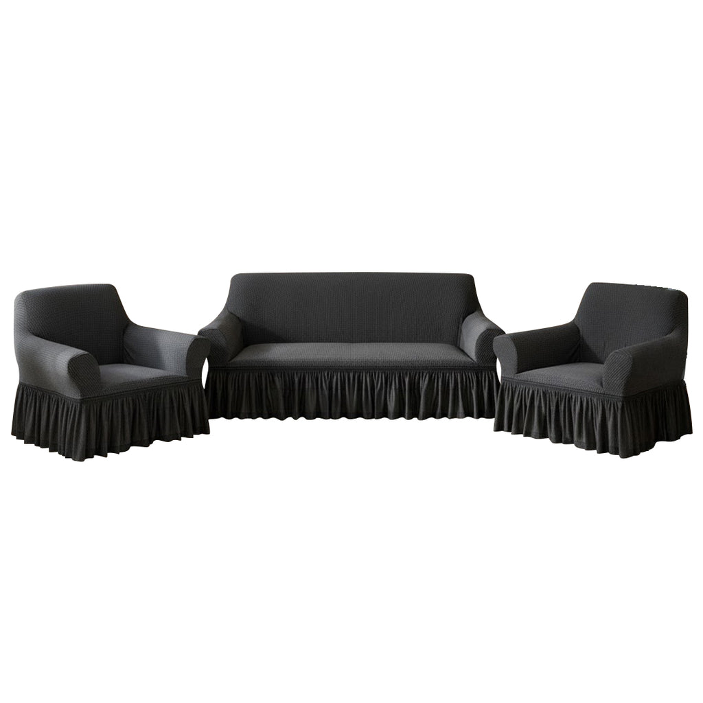 SOGA Home & Living Bundle – 2 Dark Grey 1-Seater & 3-Seater Sofa Covers with Ruffled Skirt