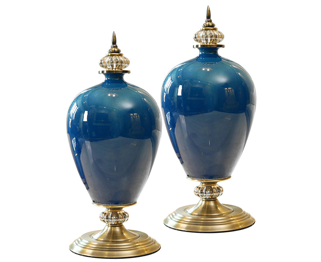 SOGA 2x 42cm Ceramic Oval Flower Vase with Gold Metal Base Dark Blue $ 360.90