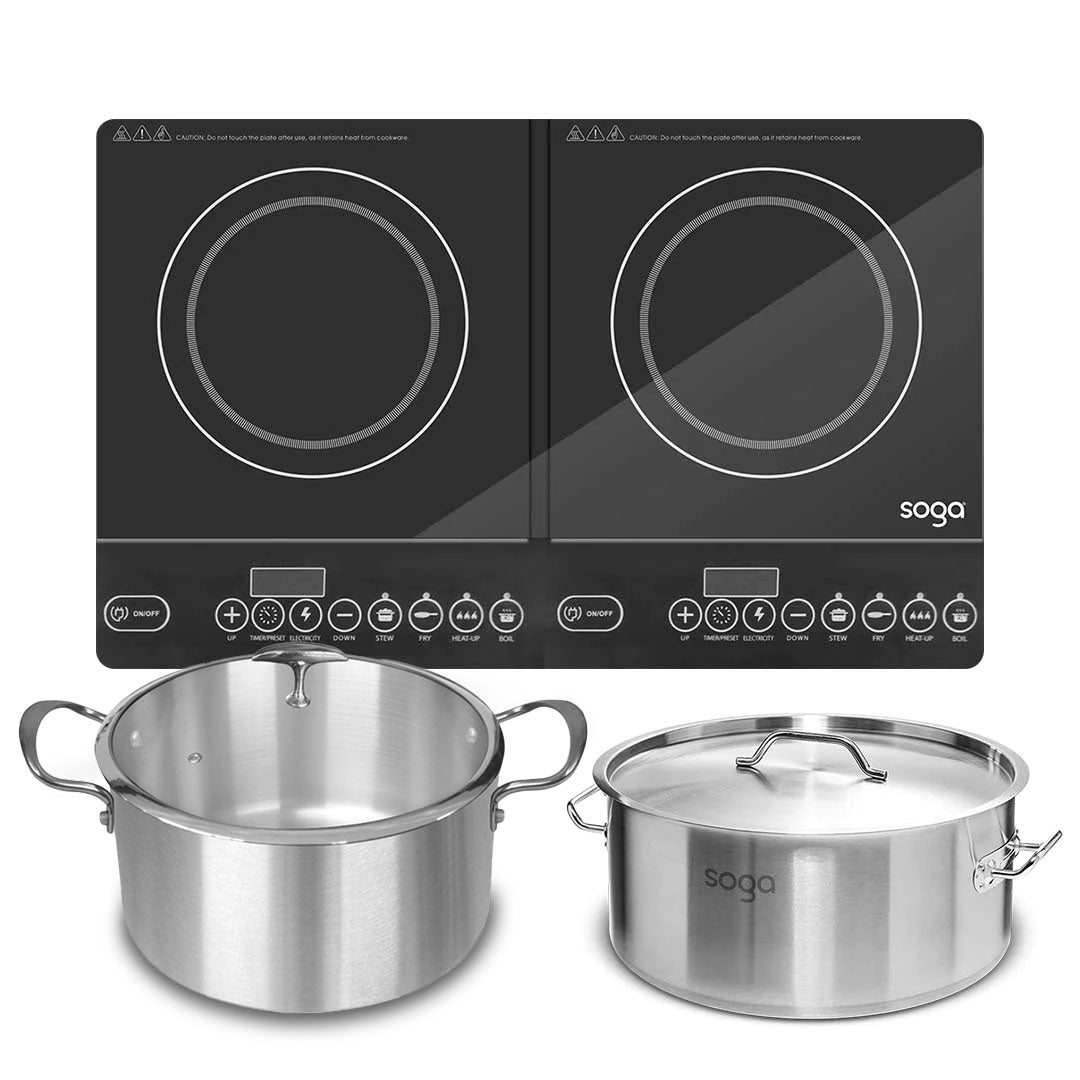 SOGA Dual Burners Cooktop Stove 14L Stainless Steel Stockpot and 28cm Induction Casserole $ 399.90