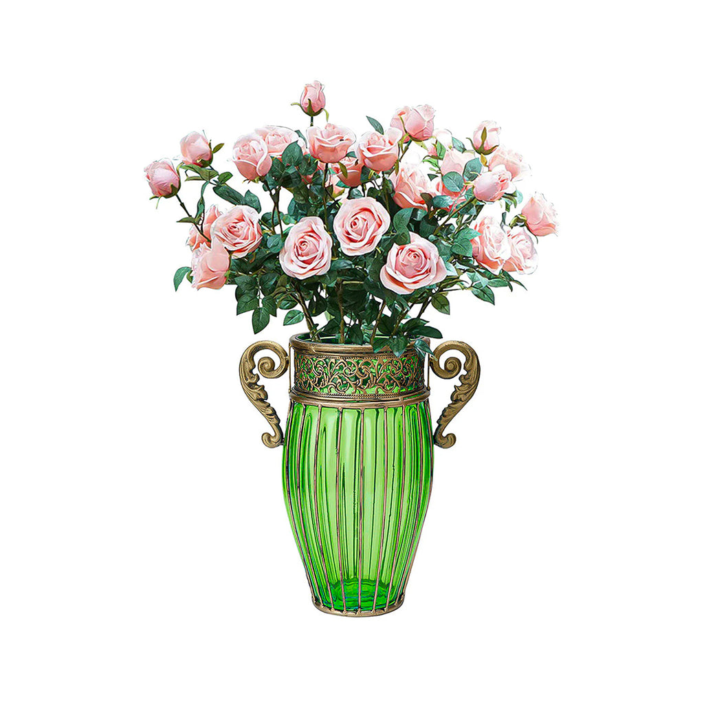 SOGA Green Glass Flower Vase with 8 Bunch 5 Heads Artificial Fake Silk Rose Home Decor Set