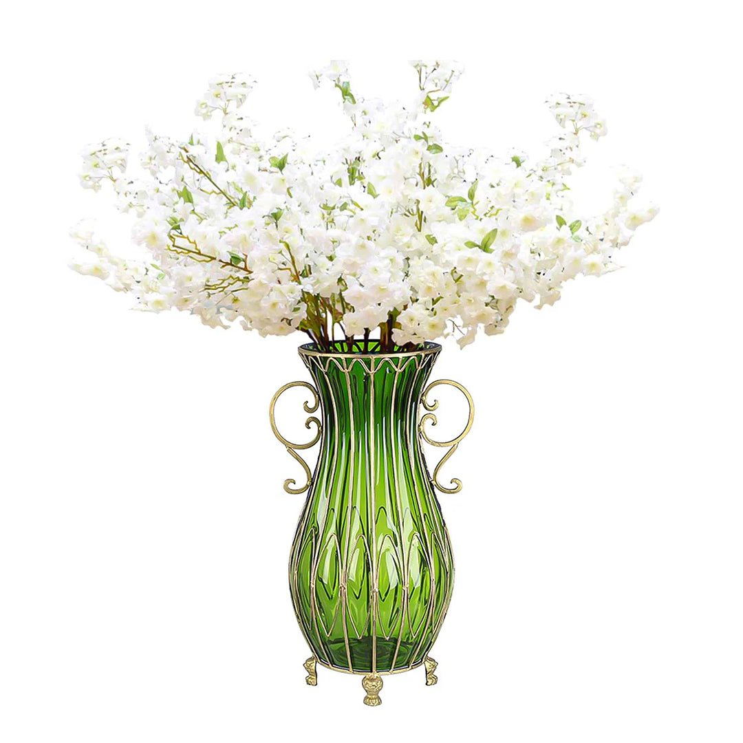 SOGA 51cm Green Glass Tall Floor Vase and 10pcs White Artificial Fake Flower Set