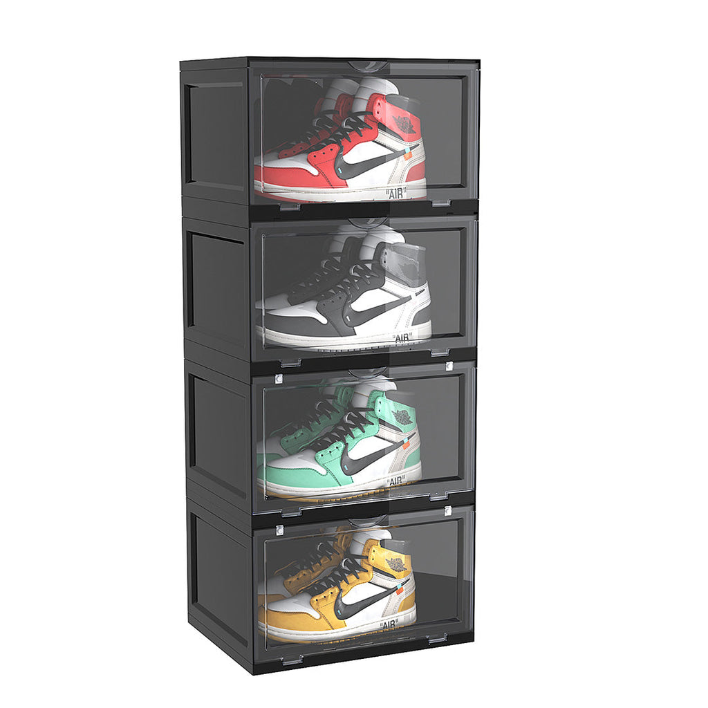 SOGA 4 Tier Black Portable Shoe Organiser Sneaker Footwear Folding Plastic Bin Stackable Storage Box with Magnetic Door $ 116.90