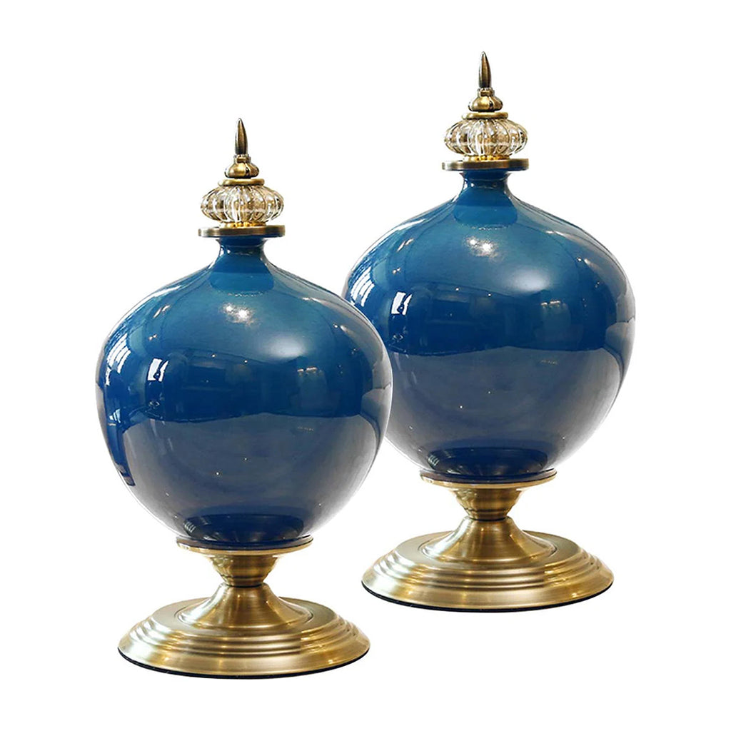 SOGA 2x 38cm Ceramic Oval Flower Vase with Gold Metal Base Dark Blue