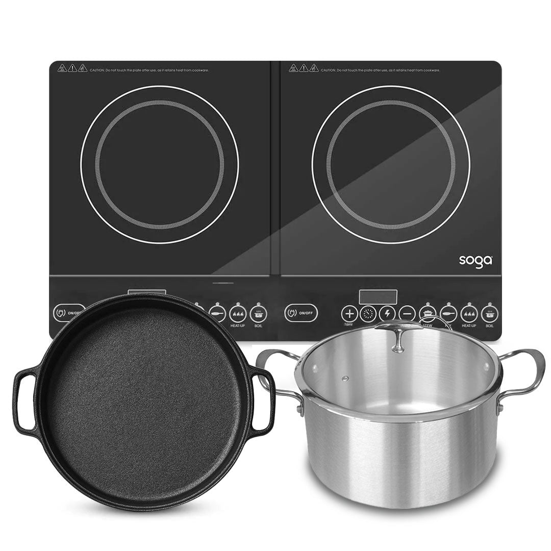 SOGA Dual Burners Cooktop Stove 30cm Cast Iron Frying Pan Skillet and 30cm Induction Casserole $ 364.50