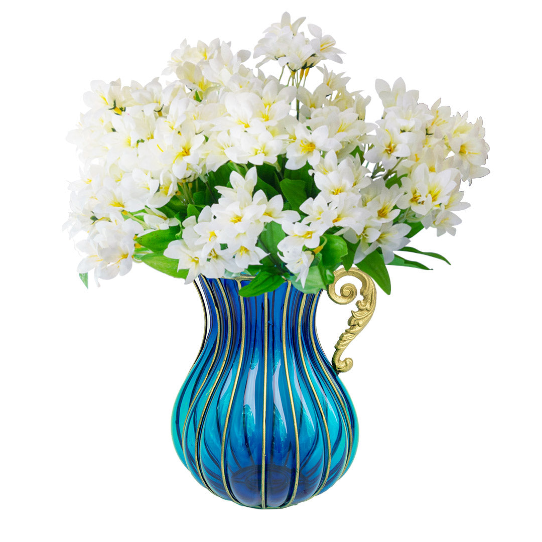 SOGA Blue Colored Glass Flower Vase with 10 Bunch 6 Heads Artificial Fake Silk Lilium nanum Home Decor Set $ 168.90