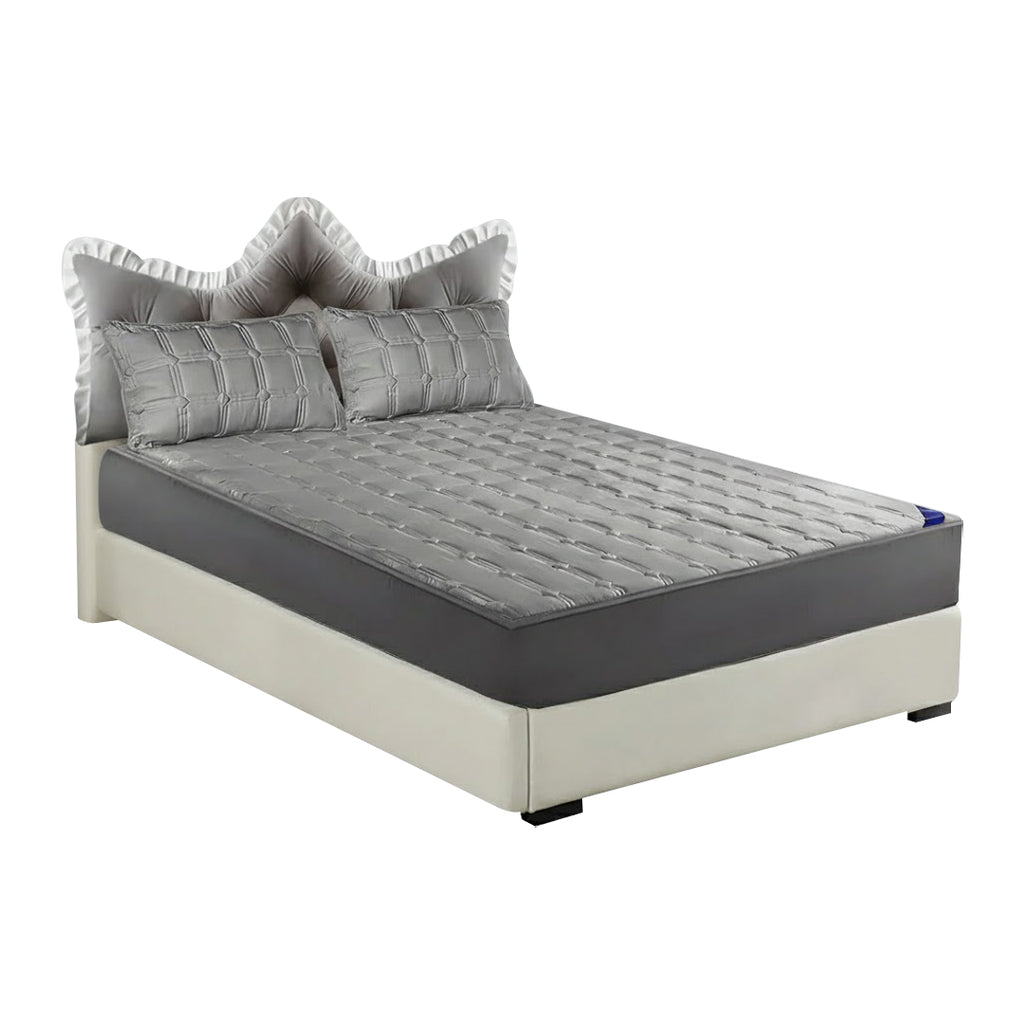 SOGA Home & Living Bundle – Grey Crown Tufted Pillow & Quilted Mattress Cover Set