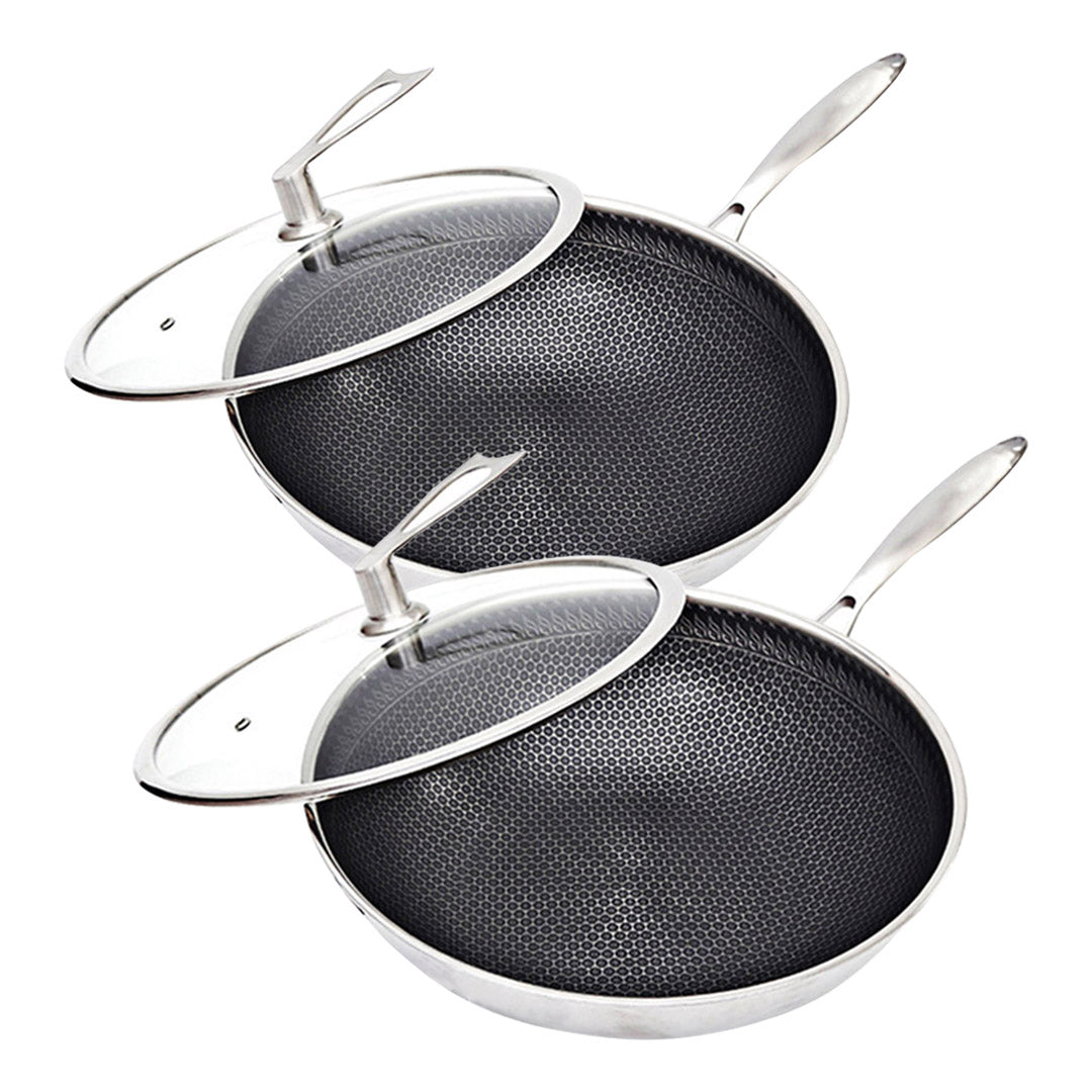SOGA 2X 32cm Stainless Steel Tri-Ply Frying Cooking Fry Pan Textured Non Stick Interior Skillet with Glass Lid $ 280.90