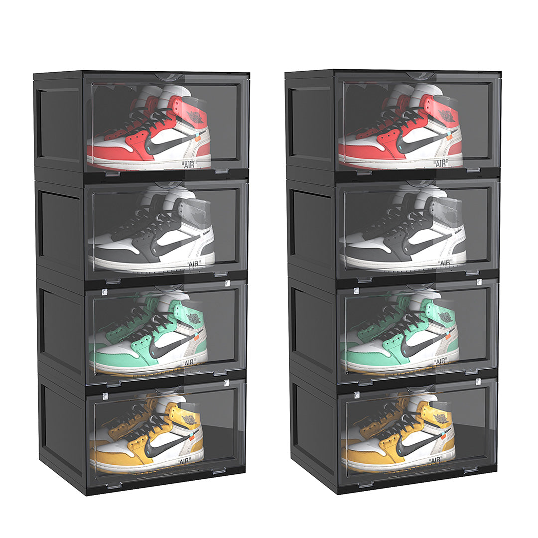 SOGA 2X 4 Tier Black Portable Shoe Organiser Sneaker Footwear Folding Plastic Bin Stackable Storage Box with Magnetic Door $ 226.90