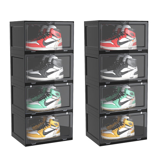 SOGA 2X 4 Tier Black Portable Shoe Organiser Sneaker Footwear Folding Plastic Bin Stackable Storage Box with Magnetic Door