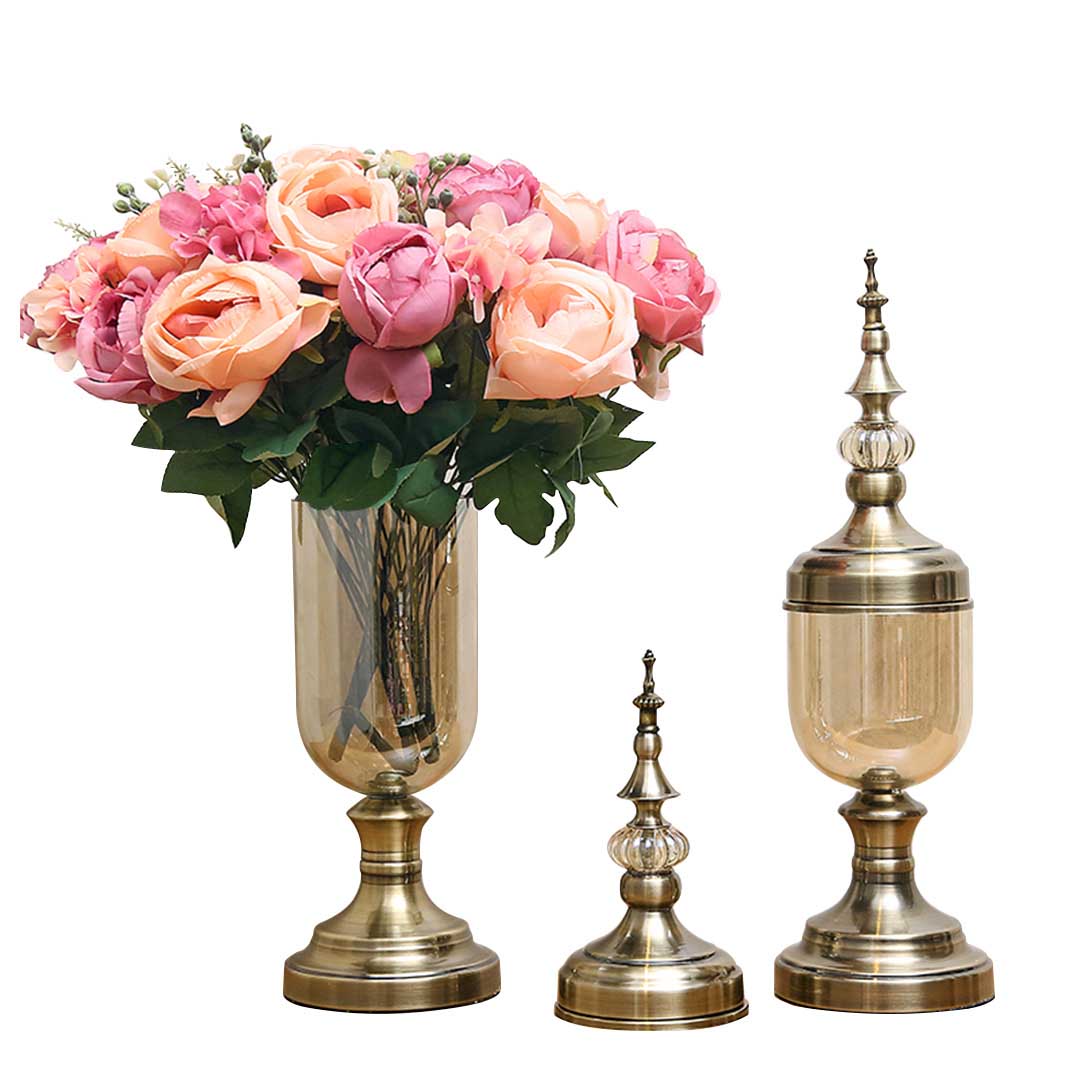 SOGA 2 x Clear Glass Flower Vase with Lid and Pink Flower Filler Vase Bronze Set $ 166.90