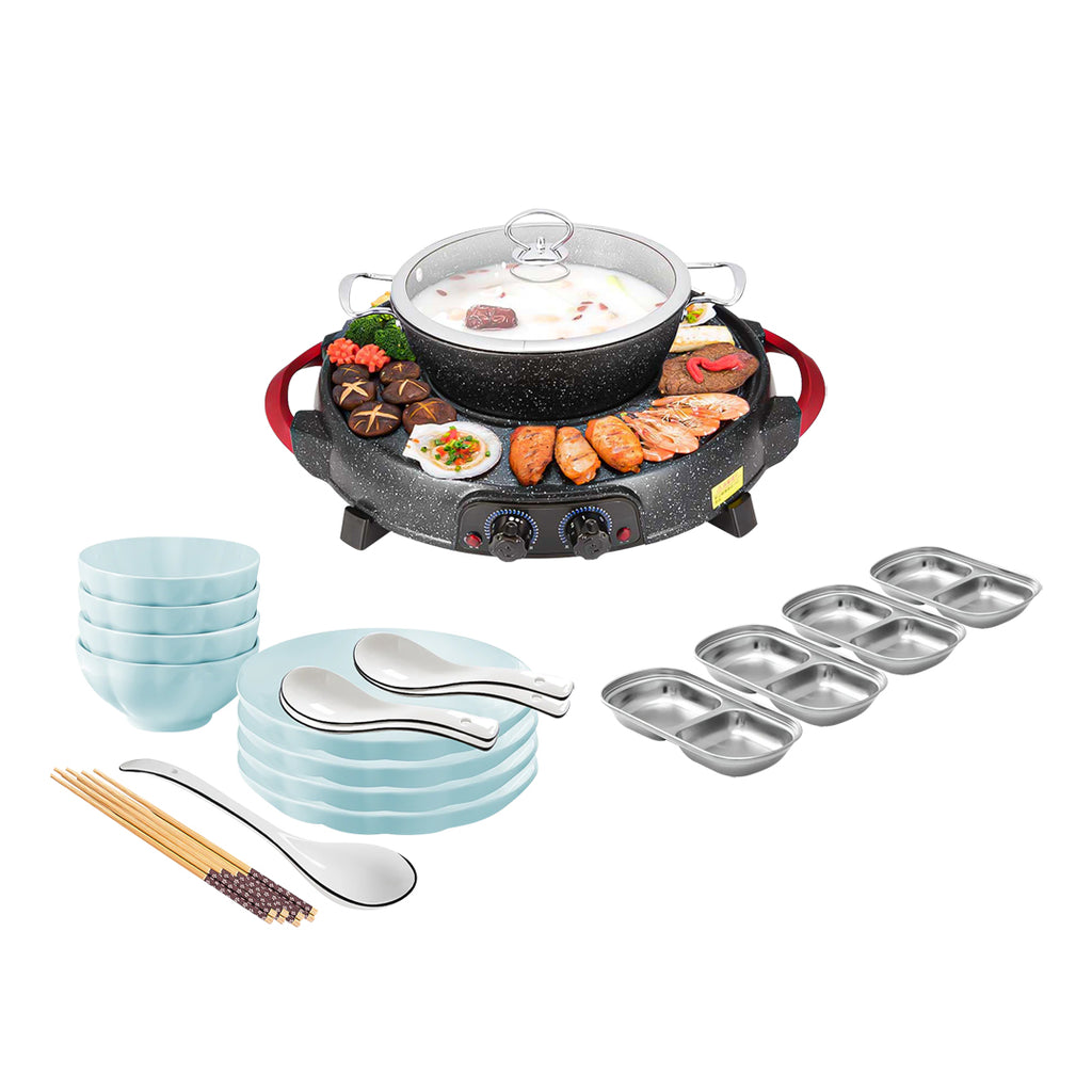 SOGA Kitchenware Bundle – 2-in-1 Electric Teppanyaki Grill, Light Blue Ceramic Dinnerware & Silver Sauce Pan
