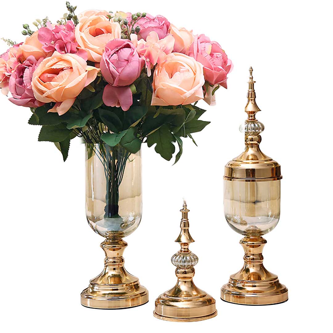 SOGA 2 x Clear Glass Flower Vase with Lid and Pink Flower Filler Vase Gold Set $ 166.90