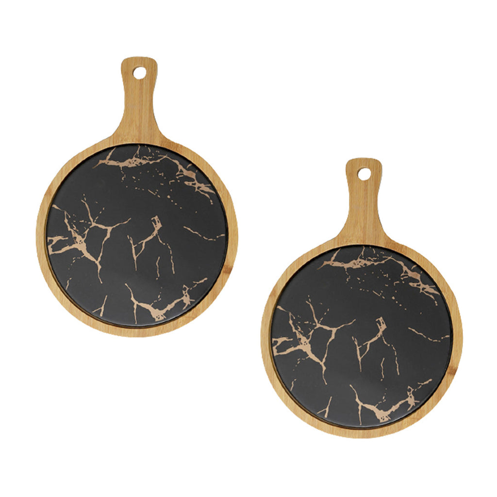 SOGA 2X 30cm Black Circle Wooden Serving Tray Slate Steak Serving Platter Chopping Board Paddle Home Decor $ 107.90