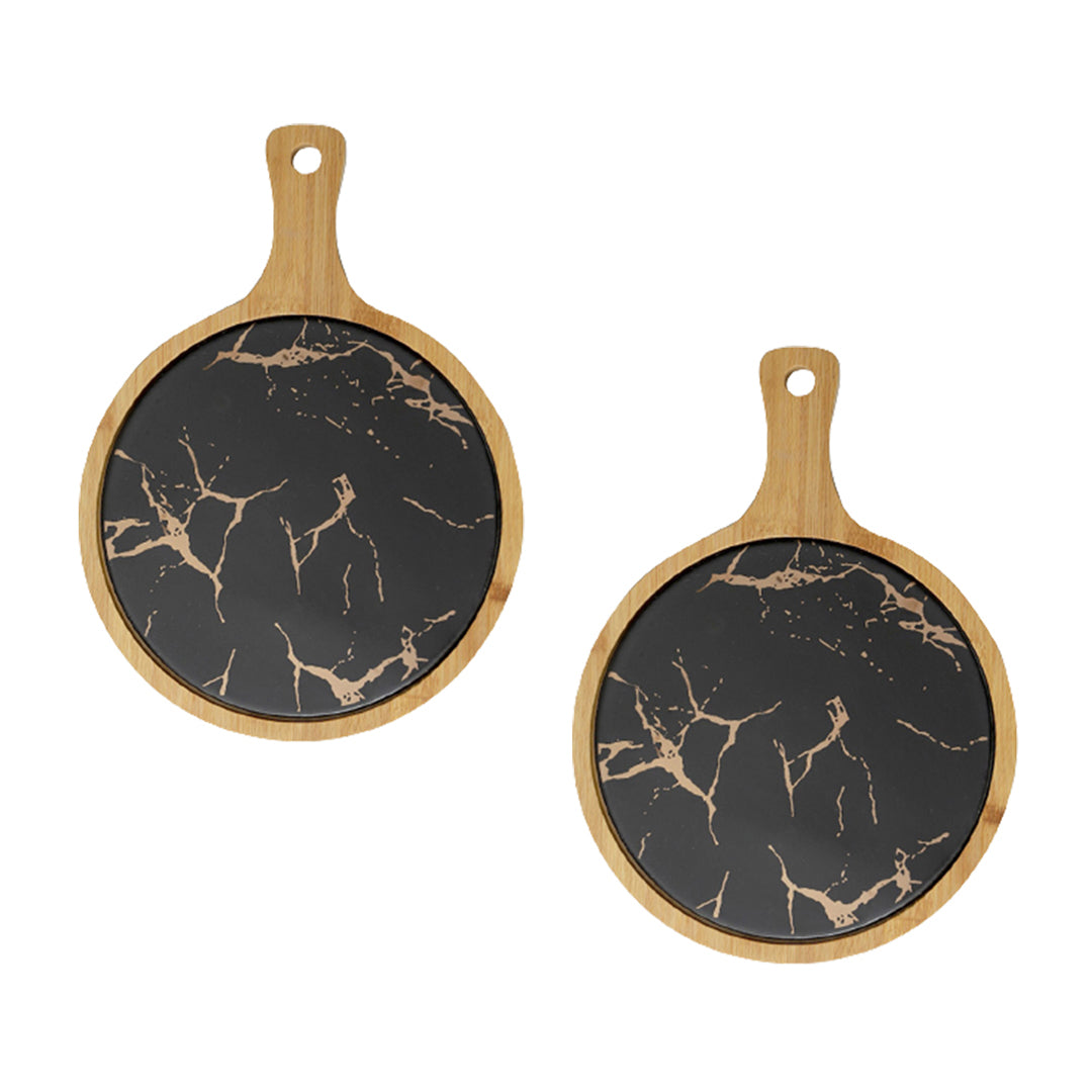 SOGA 2X 30cm Black Circle Wooden Serving Tray Slate Steak Serving Platter Chopping Board Paddle Home Decor $ 107.90