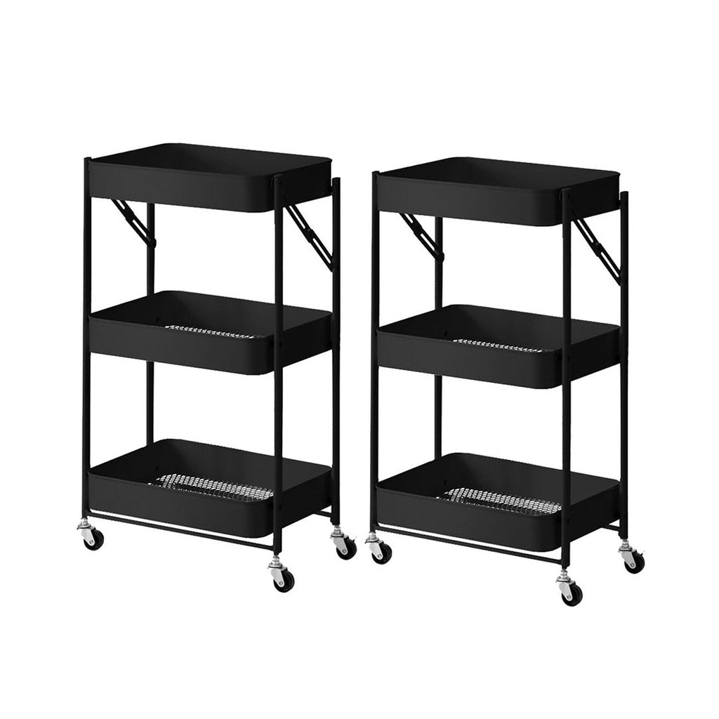 SOGA 2X 3 Tier Steel Black Foldable Kitchen Cart Multi-Functional Shelves Storage Organizer with Wheels $ 129.50