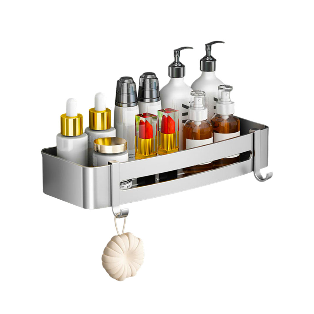 SOGA Silver Wall-Mounted Rectangular Bathroom Storage Organiser Space Saving Adhesive Shelf Rack with Hooks $ 42.50