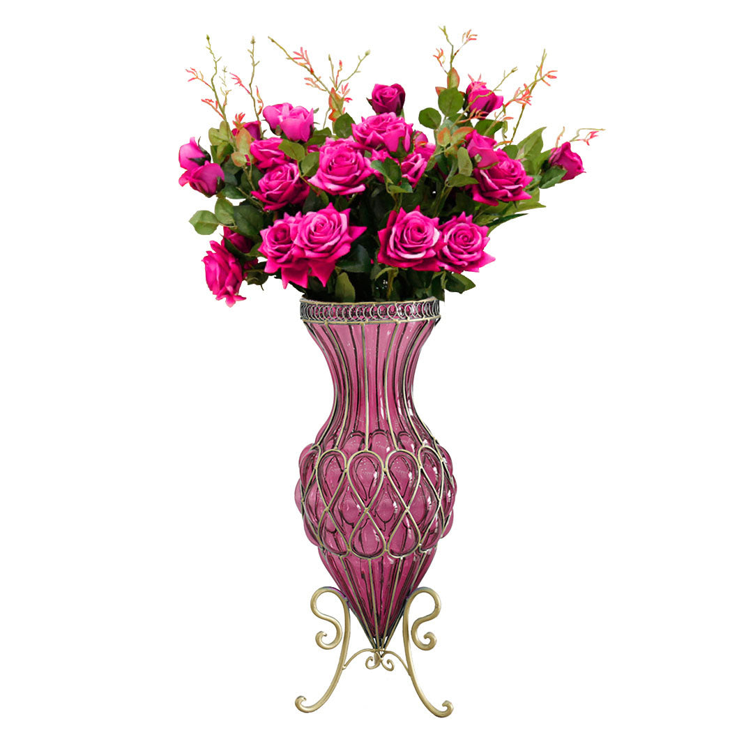 SOGA 67cm Purple Glass Tall Floor Vase and 12pcs Dark Pink Artificial Fake Flower Set $ 488.90