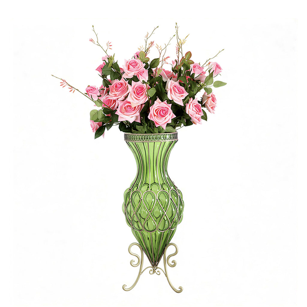 SOGA 67cm Green Glass Tall Floor Vase and 12pcs Pink Artificial Fake Flower Set
