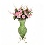 SOGA 67cm Green Glass Tall Floor Vase and 12pcs Pink Artificial Fake Flower Set