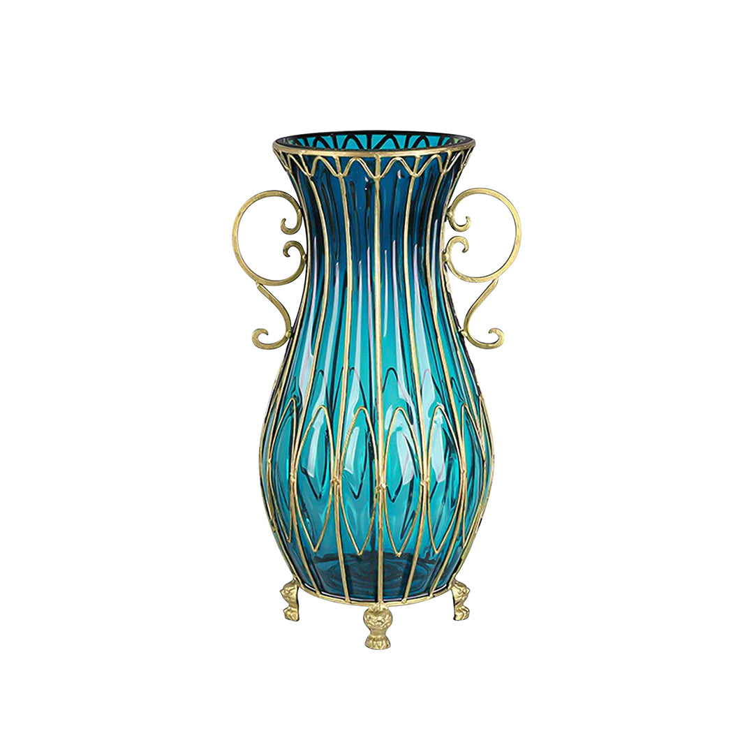 SOGA 51cm Blue Glass Oval Floor Vase with Metal Flower Stand