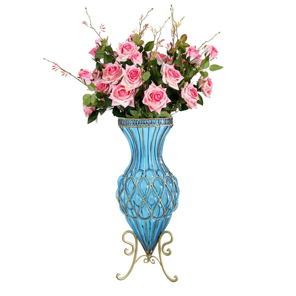 SOGA 67cm Blue Glass Tall Floor Vase and 12pcs Pink Artificial Fake Flower Set $ 488.90