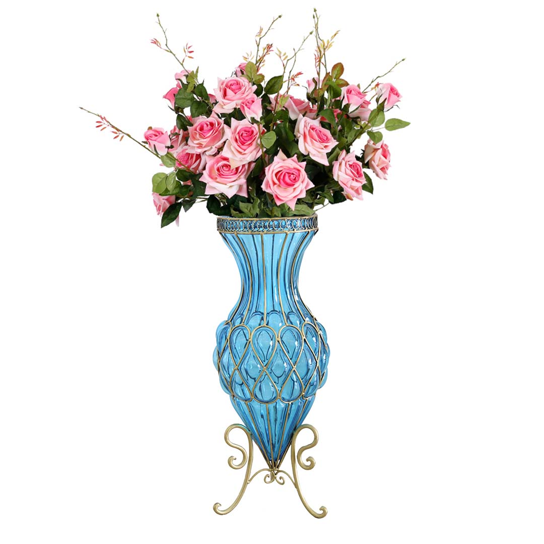 SOGA 67cm Blue Glass Tall Floor Vase and 12pcs Pink Artificial Fake Flower Set $ 488.90
