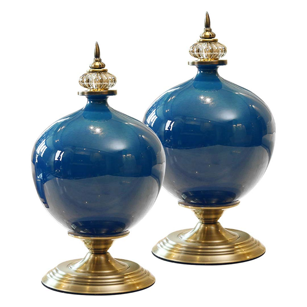 SOGA 2x 38cm Ceramic Oval Flower Vase with Gold Metal Base Dark Blue $ 360.90