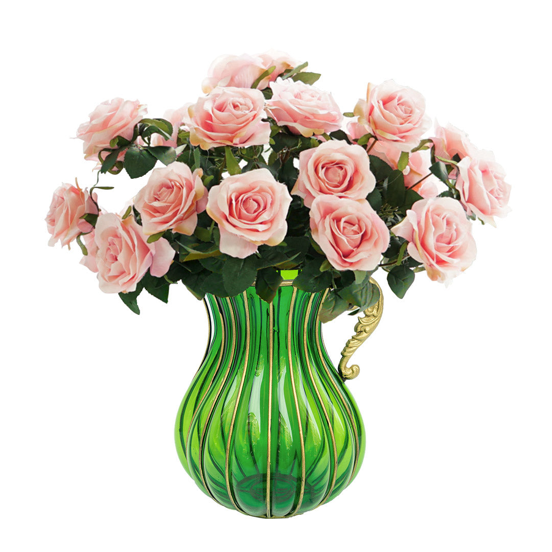 SOGA Green Colored Glass Flower Vase with 4 Bunch 9 Heads Artificial Fake Silk Rose Home Decor Set $ 200.90
