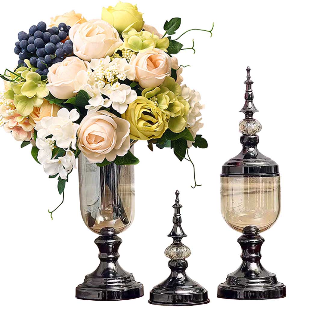 SOGA 2 x Clear Glass Flower Vase with Lid and White Flower Filler Vase Black Set $ 177.90