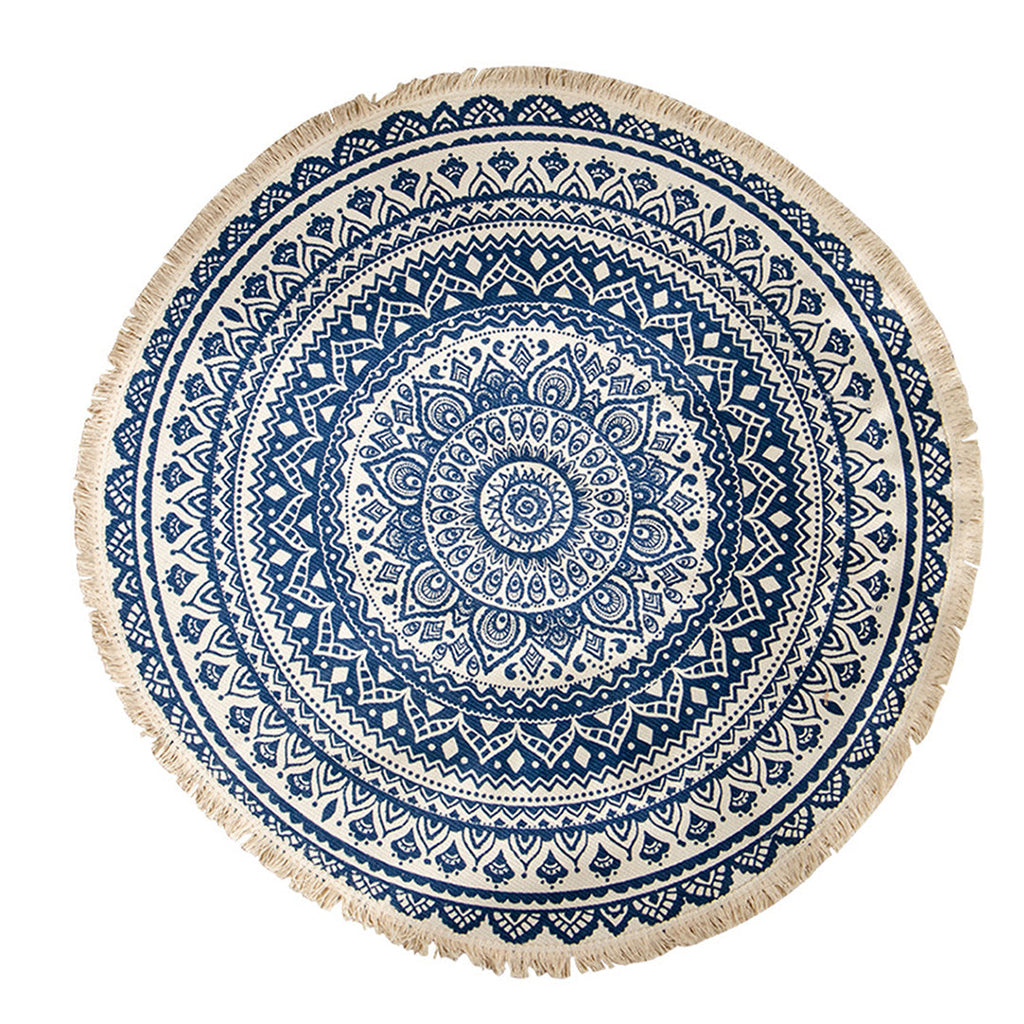 SOGA Dark Blue Carpet Soft Linen Bohemian Non-Slip Floor Retro Minimalist Round Rug Home Decor with Tassels $ 55.50