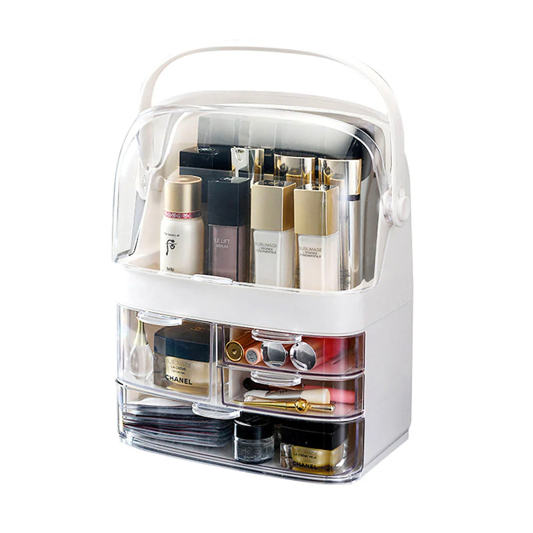 SOGA 3 Tier White Countertop Makeup Cosmetic Storage Organiser Skincare Holder Jewelry Storage Box with Handle